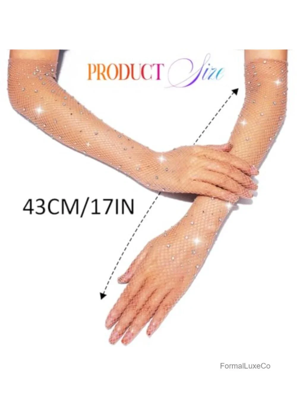Rhinestone Fishnet Long Gloves - Glitter Mesh Elbow Length Rave Costume Gloves